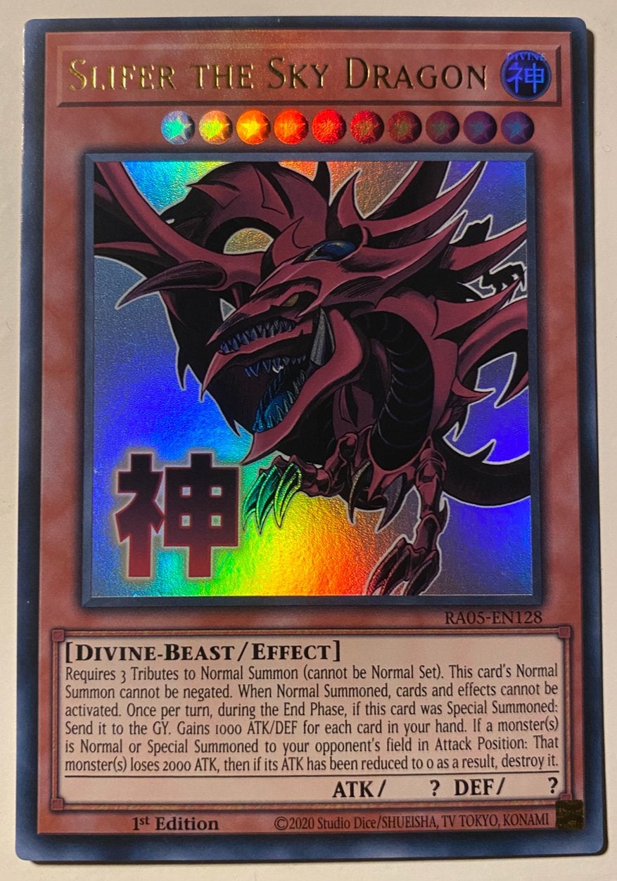 Yu-Gi-Oh! Stamped Slifer the Sky Dragon RA05 1st Edition !, Ophalen of Verzenden, Zo goed als nieuw, Losse kaart, Foil