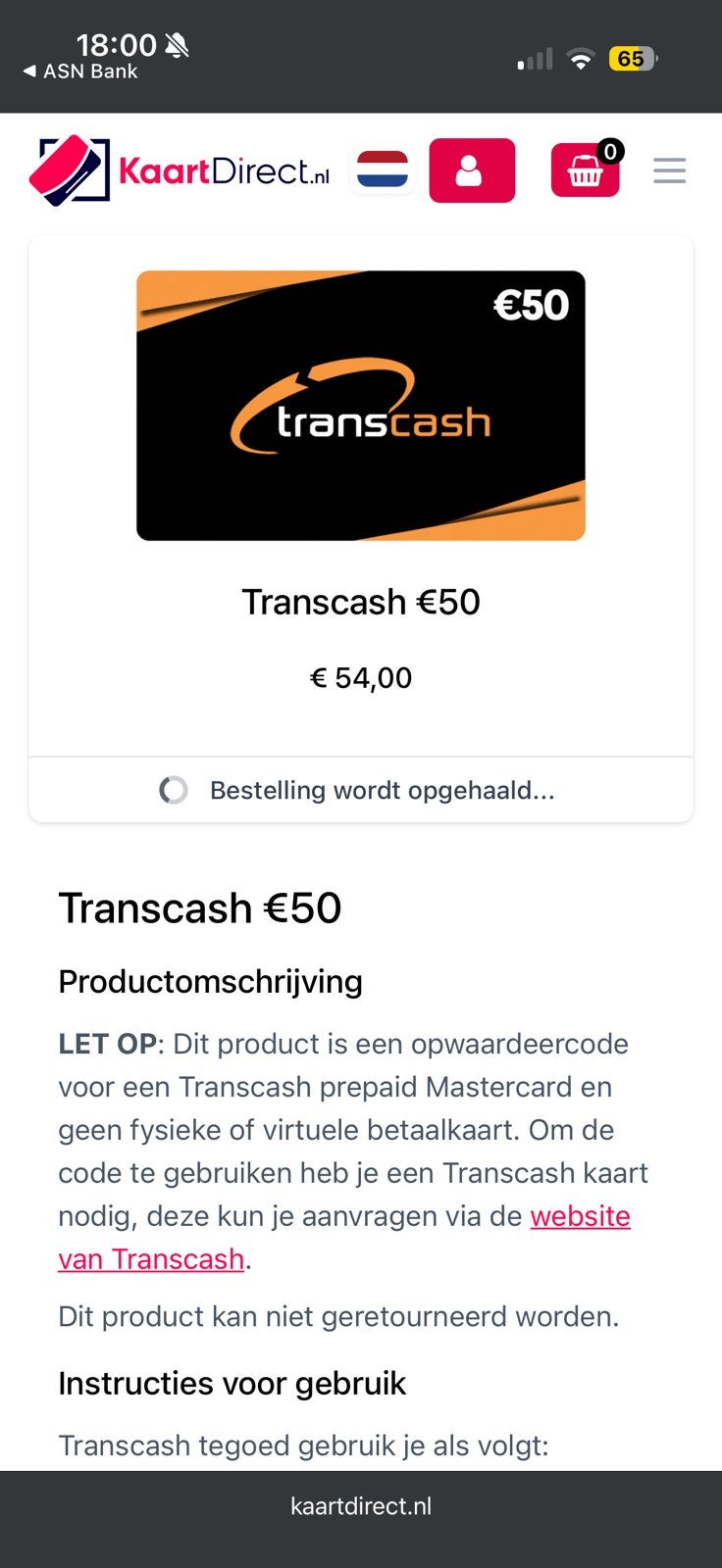 Transcash voucher 50 euro, Eén persoon, Kortingsbon