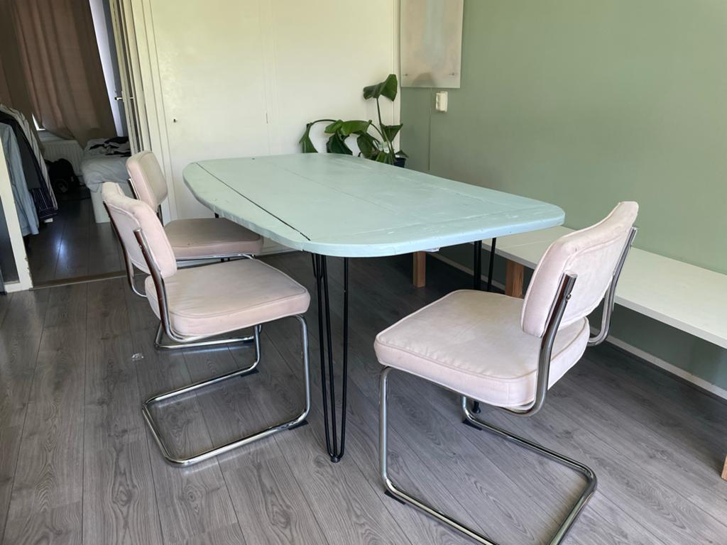 Eettafel met hairpin poten (zonder stoelen), Ophalen, Gebruikt, 50 tot 100 cm, Vijf personen of meer