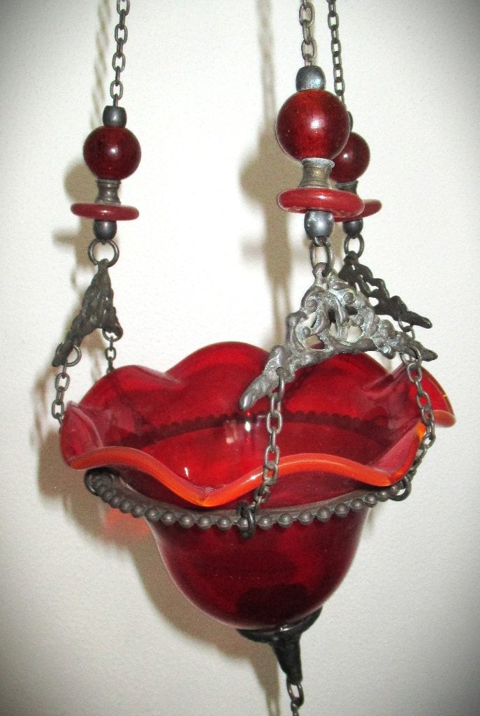 Hangkandelaar~Olielamp~Antieke Glazen Lamp ~houder~ kerk, Ophalen of Verzenden, Glas