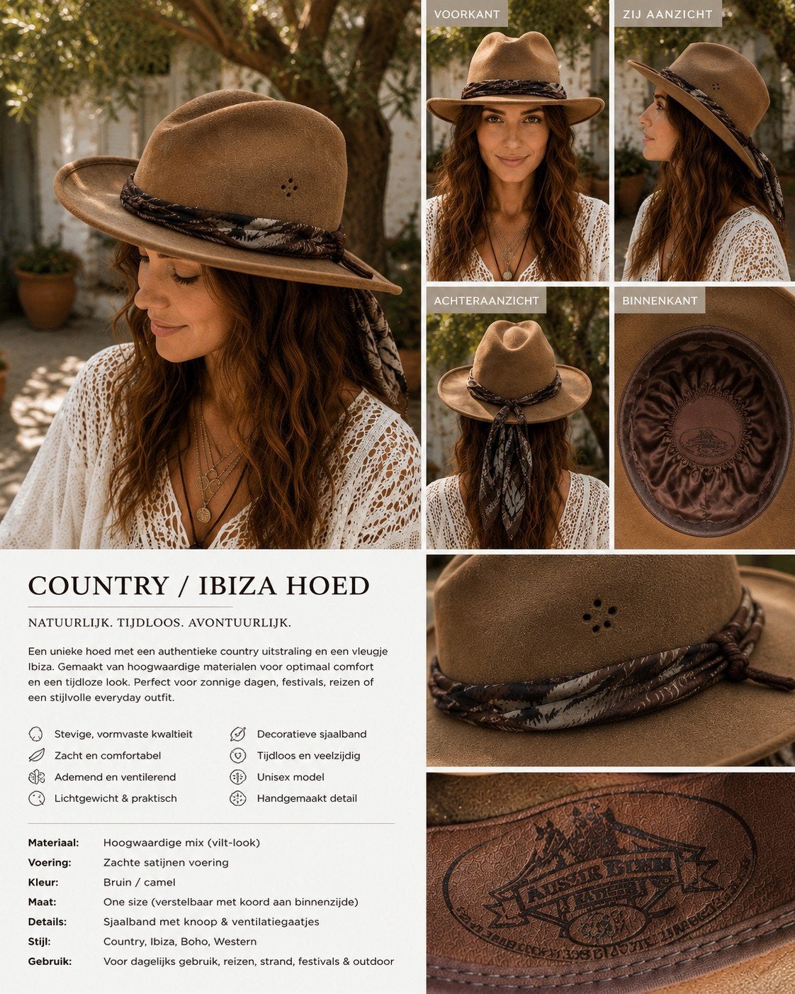 Country / Ibiza Hoed - Bruin/Camel met Sjaalband, Kleding | Dames, Hoeden en Petten, Ophalen of Verzenden