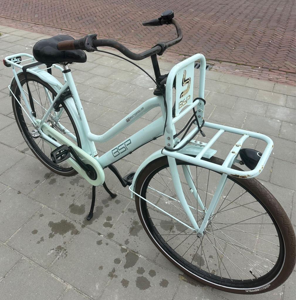 BSP Damesfiets met voordrager - Lichtblauw, Gebruikt, 50 tot 53 cm, Trommelrem, Ophalen