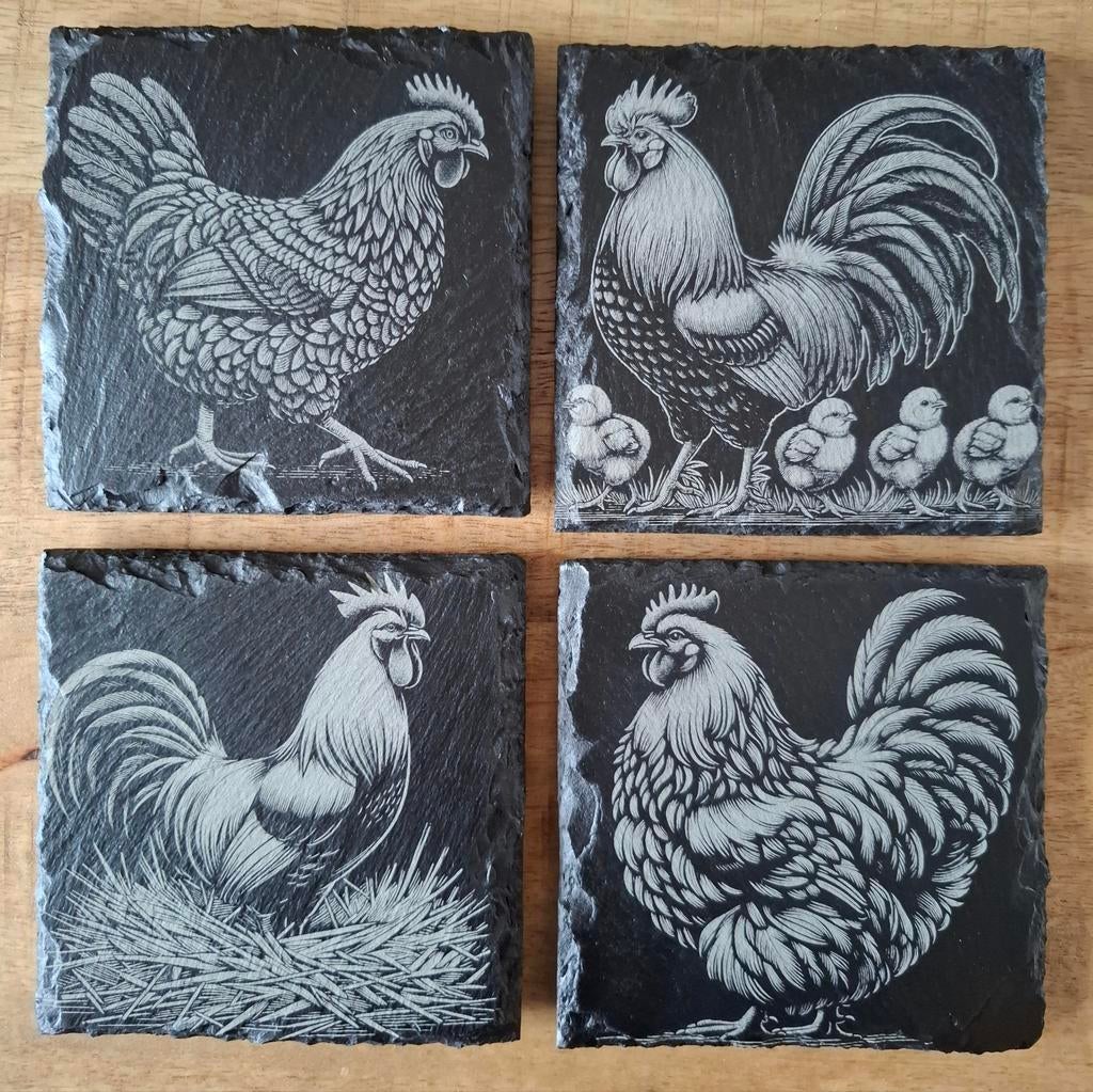 4x Leisteen onderzetters met kippen design, Ophalen of Verzenden, Nieuw, Glas of Kopje