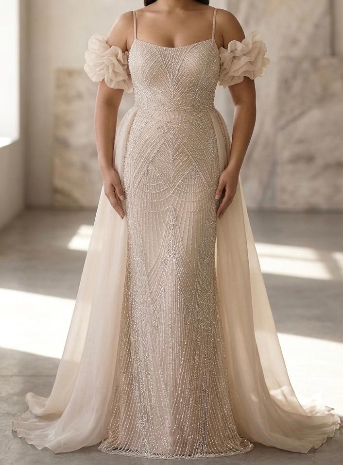 Prachtige Didi Galajurk/Trouwjurk met afneembare sleep, Beige, Maat 42/44 (L), Nieuw, Ophalen of Verzenden