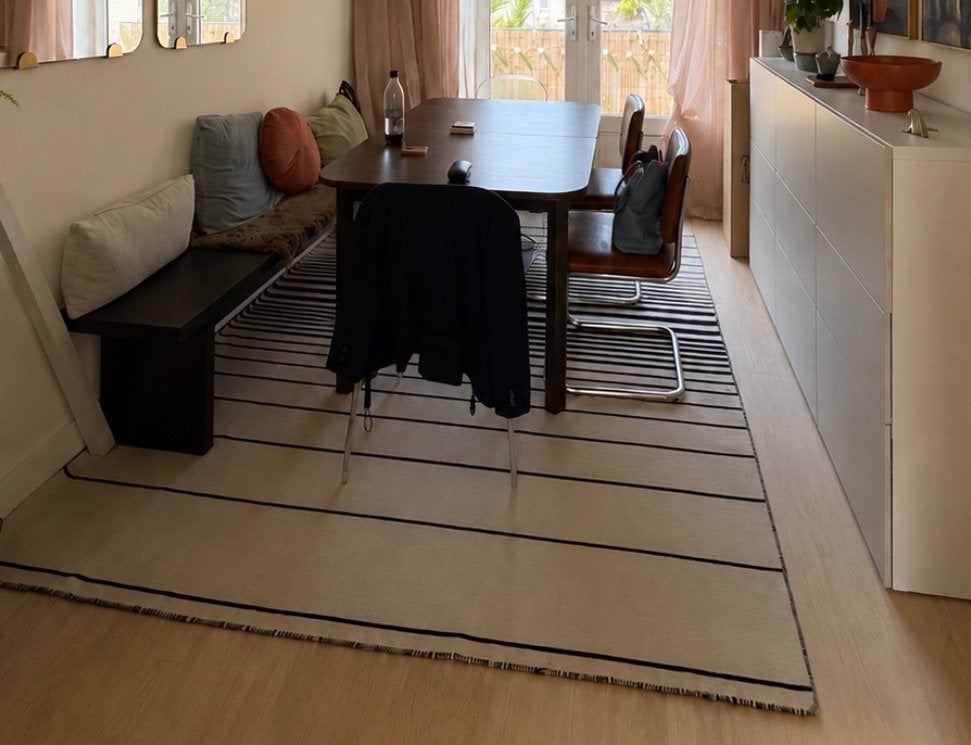 Ikea wollen vloerkleed crème/zwart gestreept 200x300, Huis en Inrichting, Ophalen, Gebruikt, 200 cm of meer, Crème