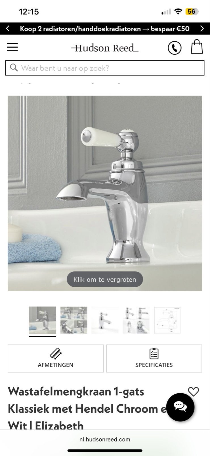 Wastafel mengkraan 1-gats Klassiek Chroom en Wit, Ophalen of Verzenden, Zo goed als nieuw, Chroom, Kraan