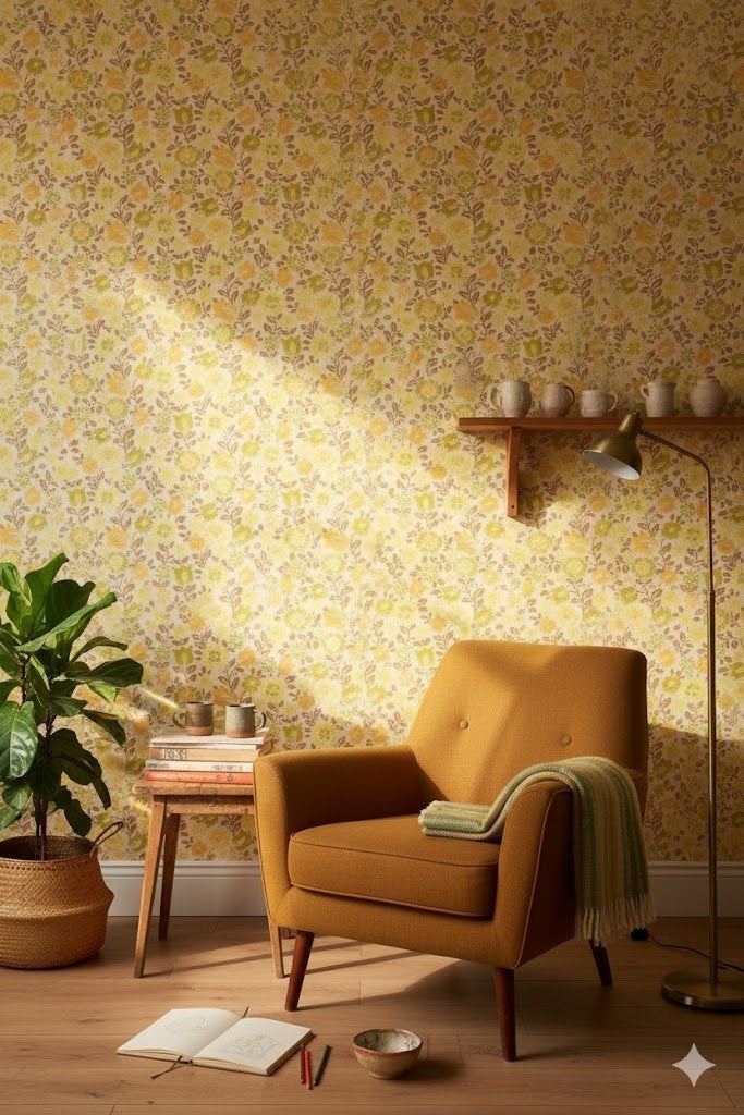 6953 geel oranje bloemen behang vrolijk warm vintage swiet, Ophalen of Verzenden, Geel