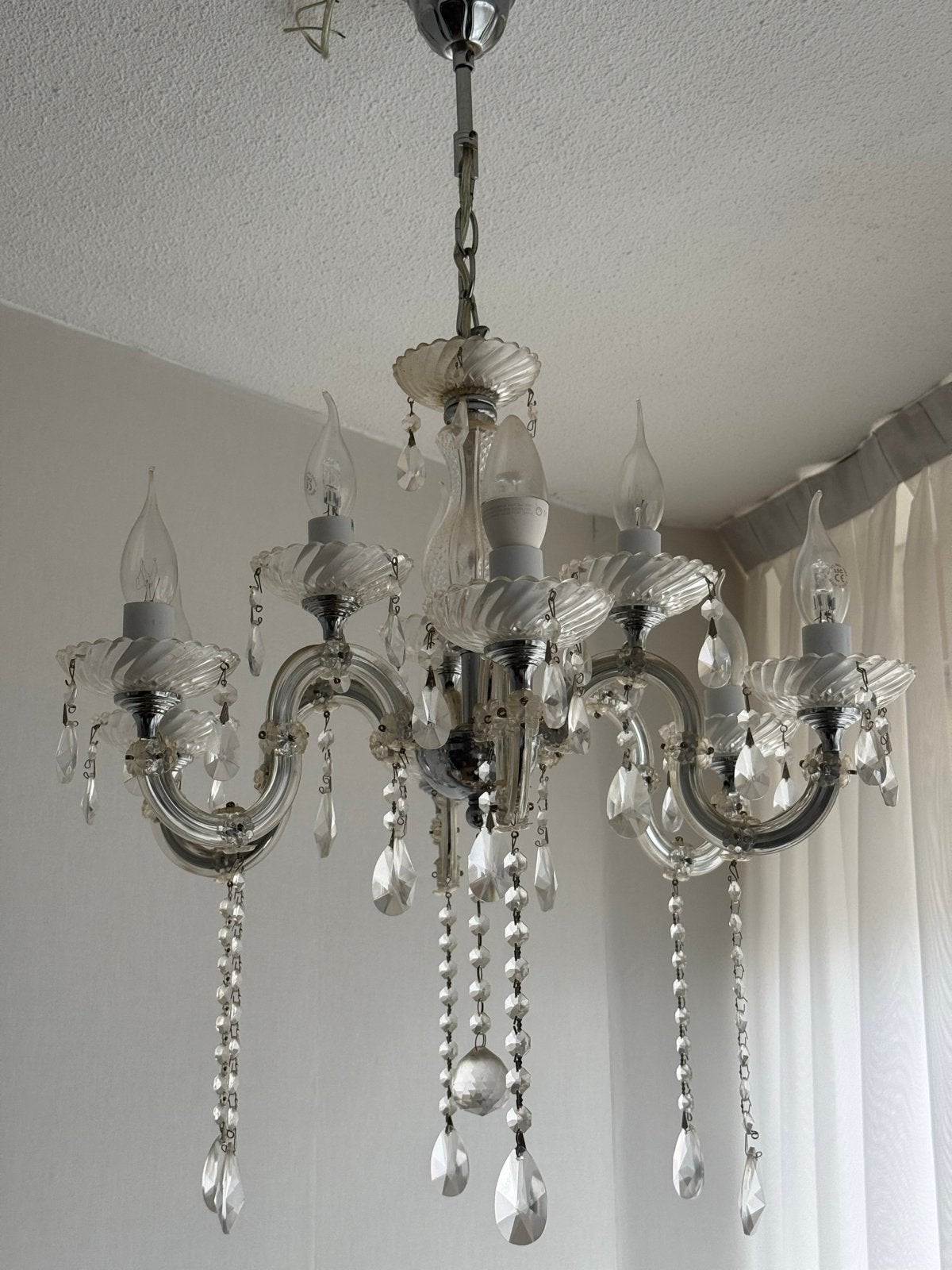 Elegante 10-armige hanglamp met kristallen, Ophalen, Zo goed als nieuw, Glas, E14 (klein)