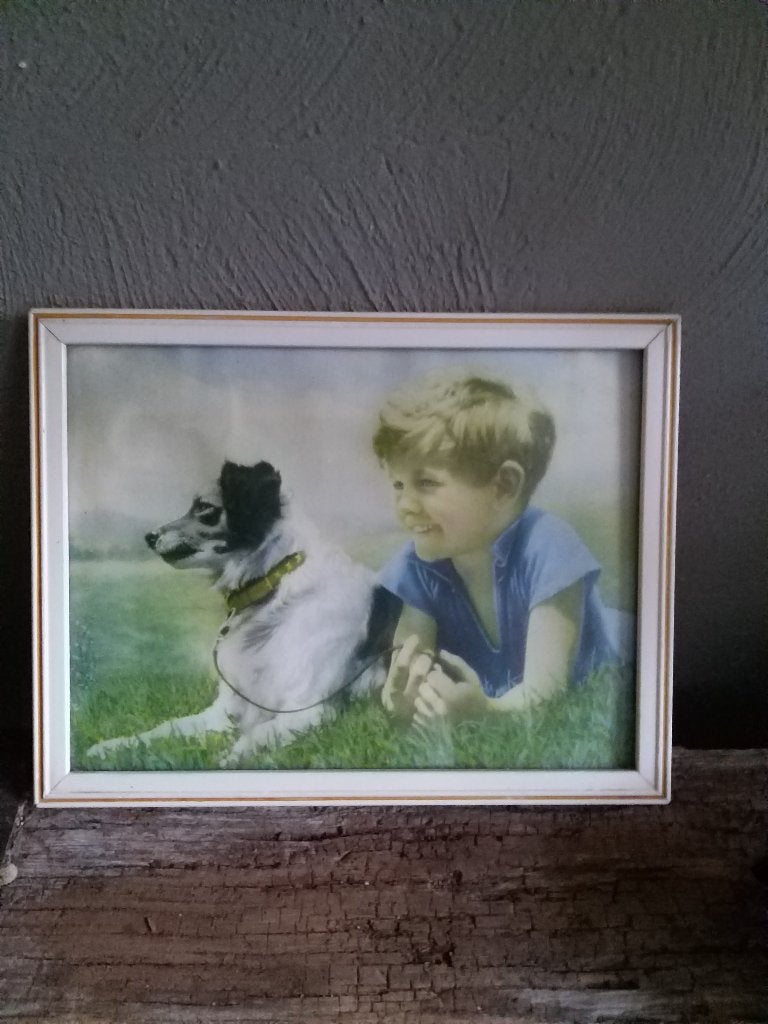 retro prent/schilderij jongen met hond, Ophalen of Verzenden, Overige typen