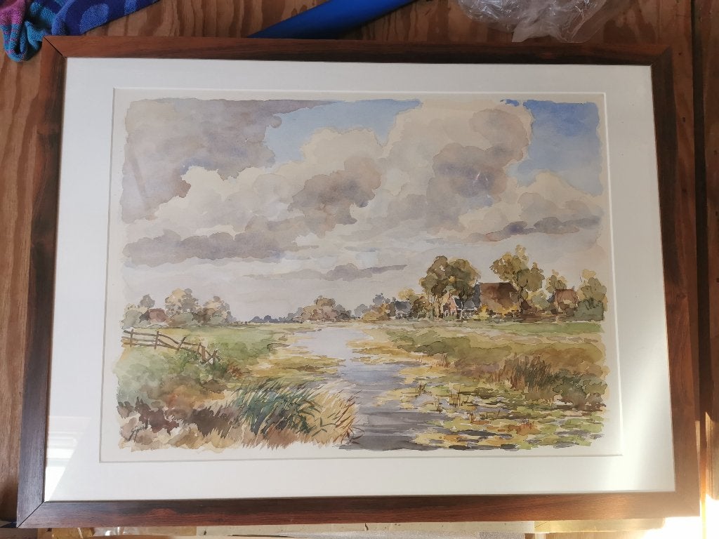 2 Grote aquarellen van Sjoerd de Vries met houten lijst, Antiek en Kunst, Realistisch, Ophalen of Verzenden, Landschap, Aquarel