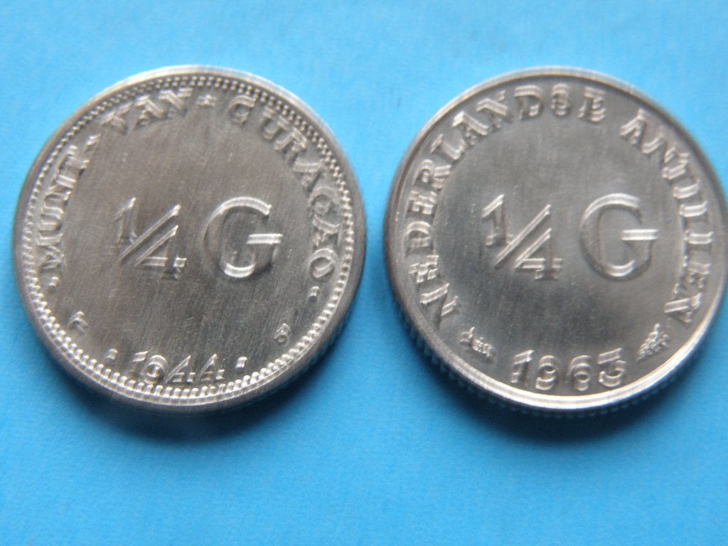 Curacao antillen 2 x 25 cent zilver 1944 en 1963, Postzegels en Munten, Munten | Nederland, Zilver, 25 cent, Koningin Wilhelmina