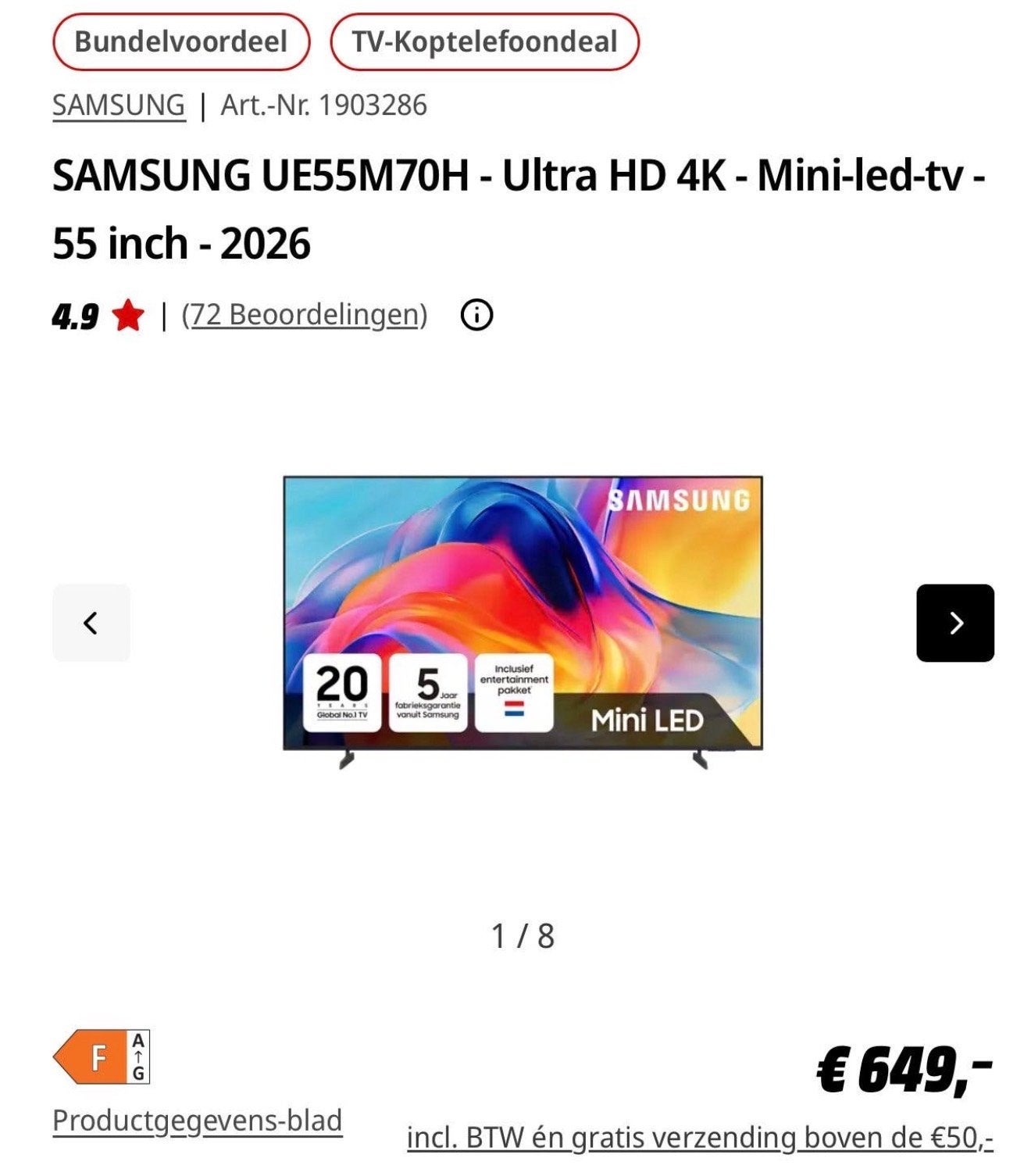 Nieuwe Samsung UE55M70H 4K Mini-LED TV - 55 inch, Ophalen, LED, Nieuw, Samsung