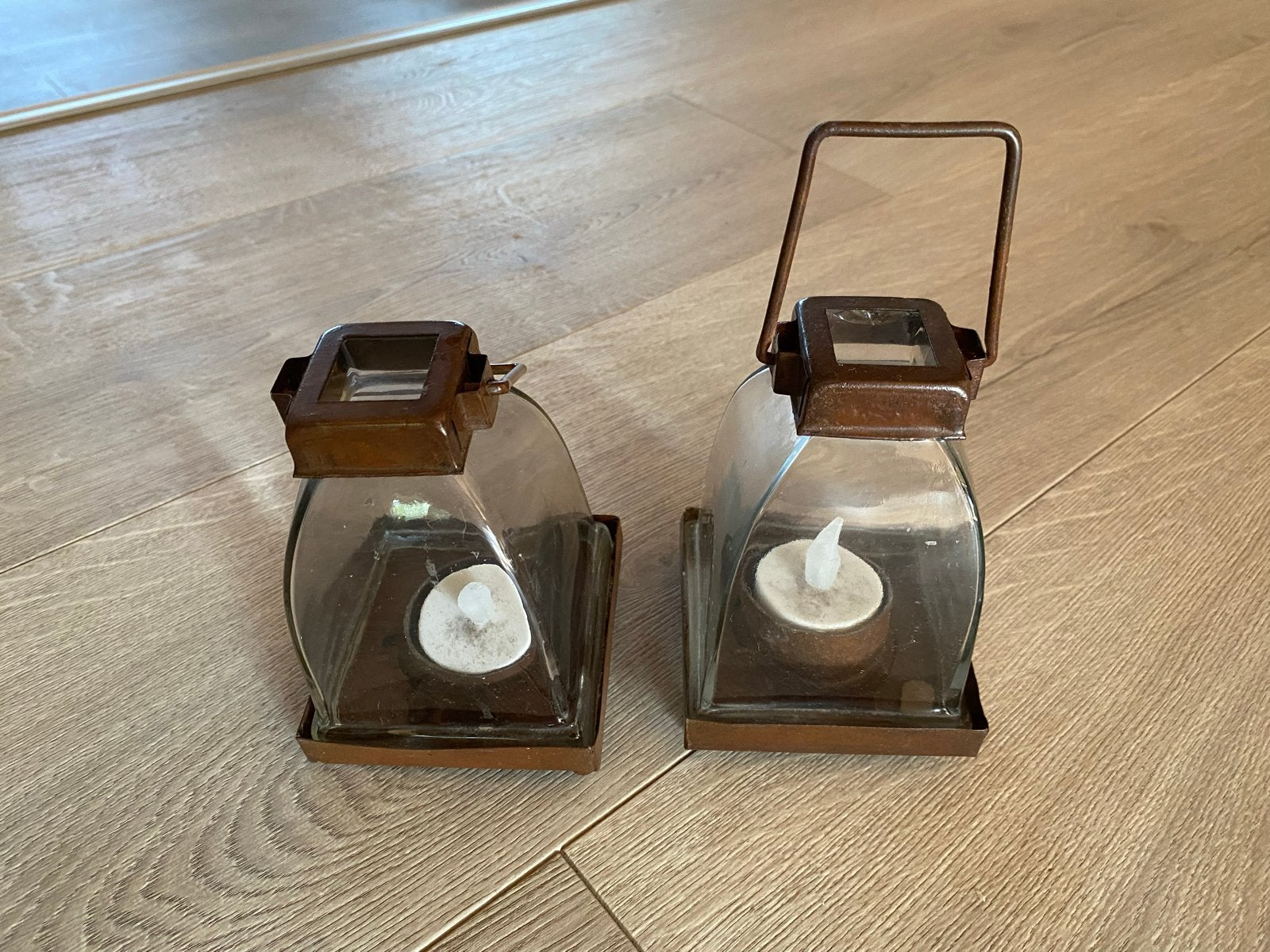 Set van 2 mini lantaarns met LED kaarsjes, Ophalen, Gebruikt, Glas, Bruin