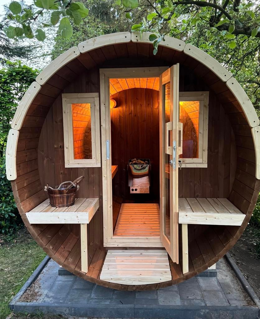 Thermowood sauna barrel inclusief electrisch of houtkachel, Info@inner-stillness.nl, Fins of Traditioneel, Ophalen of Verzenden