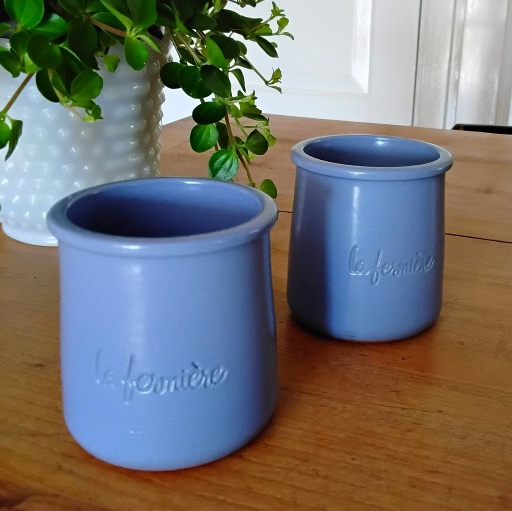 lavendelblauwe terracotta yoghurtpotjes - la fermière -Frans, Huis en Inrichting, Landelijk/Boerenbont, Ophalen of Verzenden, Zo goed als nieuw