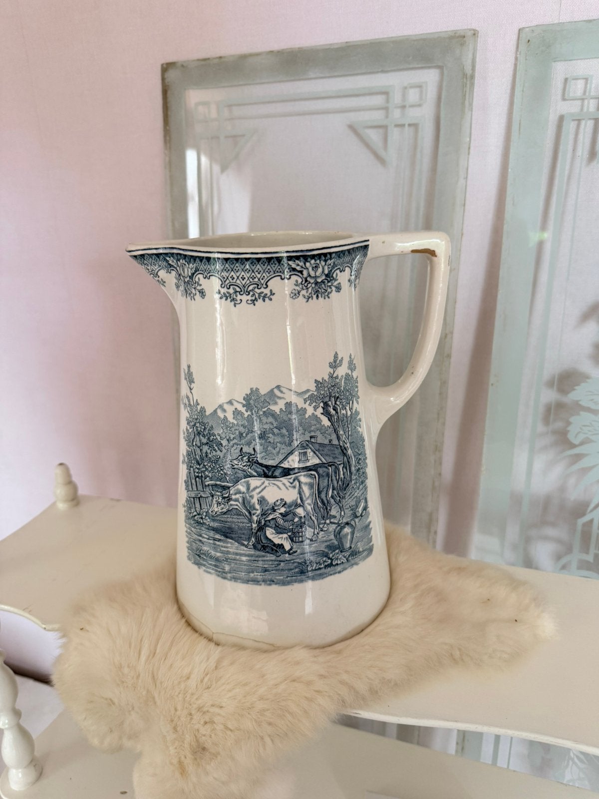 Nimy antieke petrol kleurige kan met geit/koe 1900 26cm, Antiek en Kunst, Ophalen