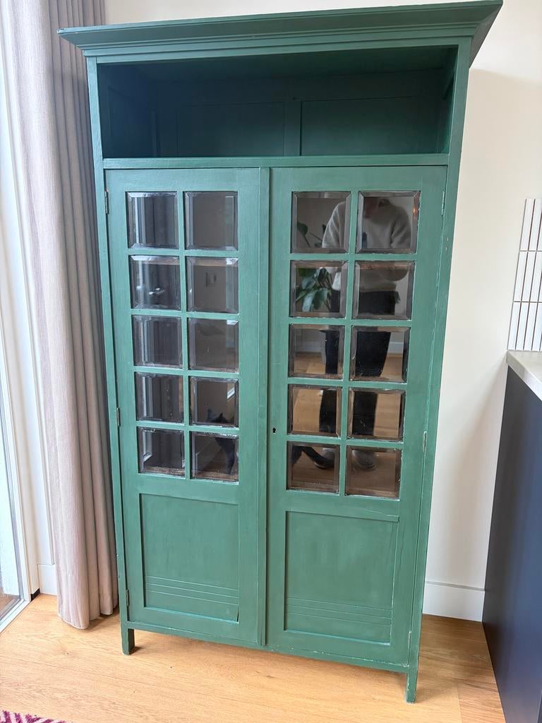 Brocante vintage groene servieskast, Huis en Inrichting, Kasten | Buffetkasten, Ophalen, Gebruikt, 50 tot 100 cm, 150 tot 200 cm