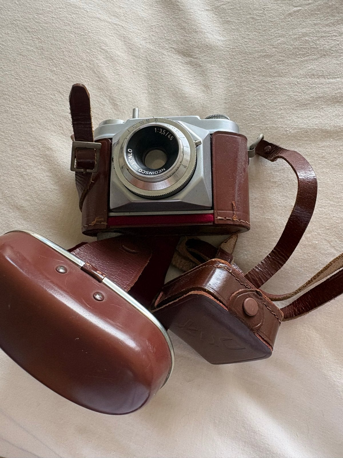 Antieke Primo camera met lederen tas - Vintage Fotografie, Ophalen of Verzenden, Gebruikt, Compact, Overige Merken