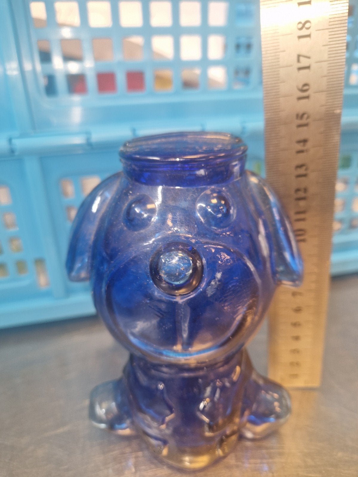 Vintage blauwe glazen hond spaarpot, Ophalen of Verzenden