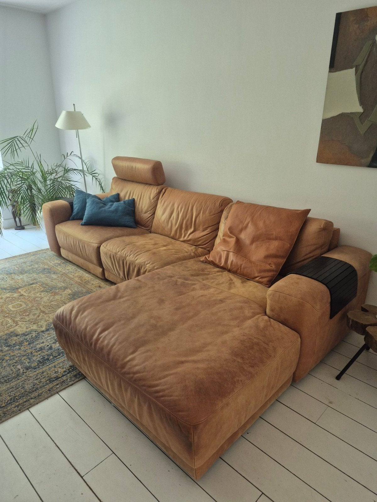 Cognac Leren Bank met Elektrische Relaxfauteuil - 3.09m, Huis en Inrichting, Banken | Bankstellen, Ophalen, Gebruikt, Leer, Rechte bank