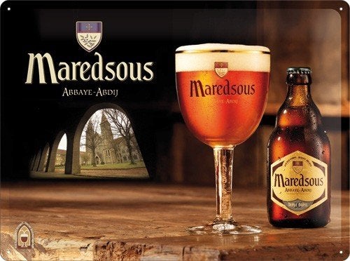 Maredsous bier fles met glas relief reclamebord van metaal, Ophalen of Verzenden, Nieuw, Reclamebord, Plaat of Schild, Overige merken