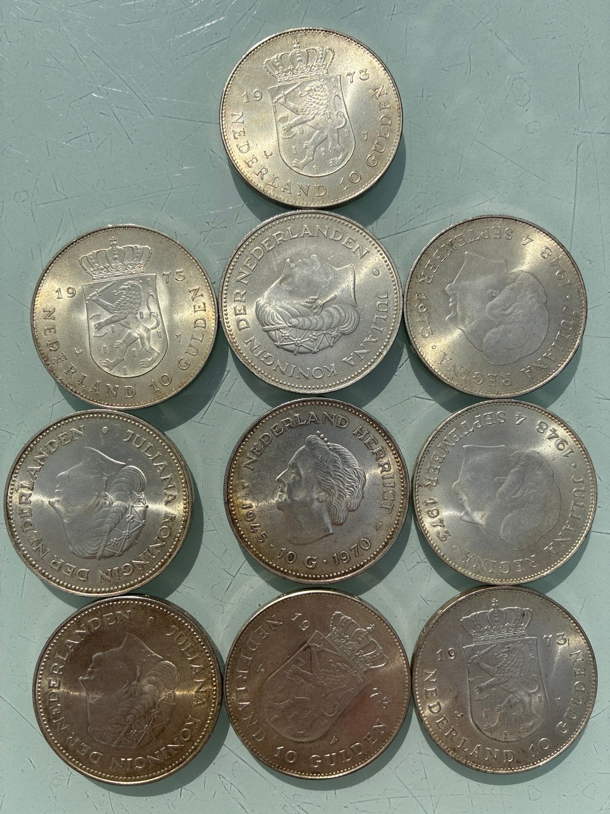 10 zilveren tientjes - Juliana 1970/1973, Postzegels en Munten, Munten | Nederland, Setje, 10 gulden, Koningin Juliana, Zilver