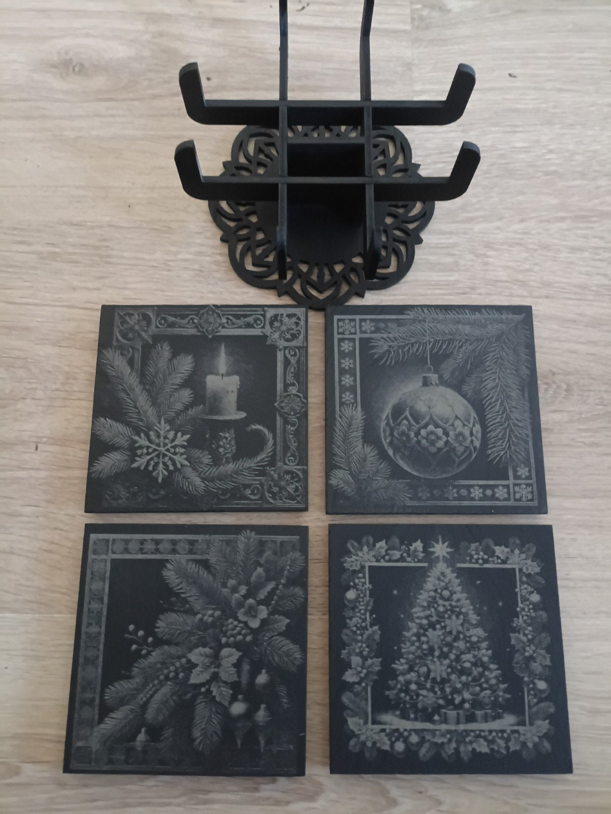 Kerst onderzetters met houder - Set van 4, Hout, Nieuw, Ophalen of Verzenden, Met houder