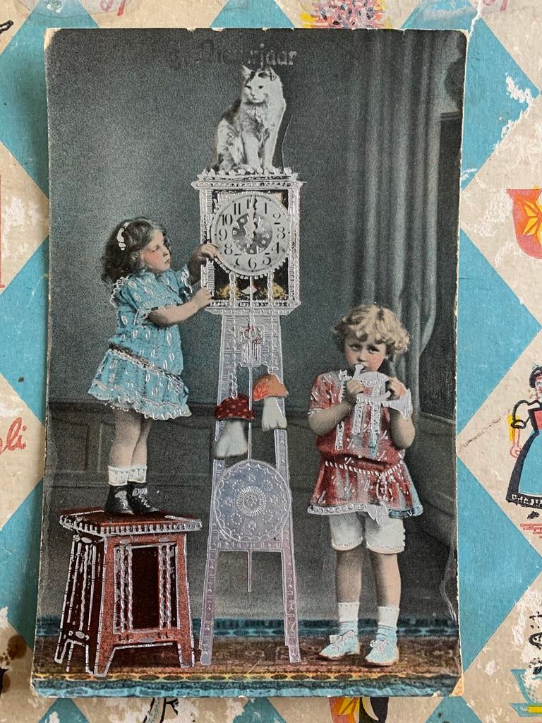 Nieuwjaar - meisjes, zilver, klok, kat, Ophalen of Verzenden, Voor 1920, Gelopen, Feest(dag)