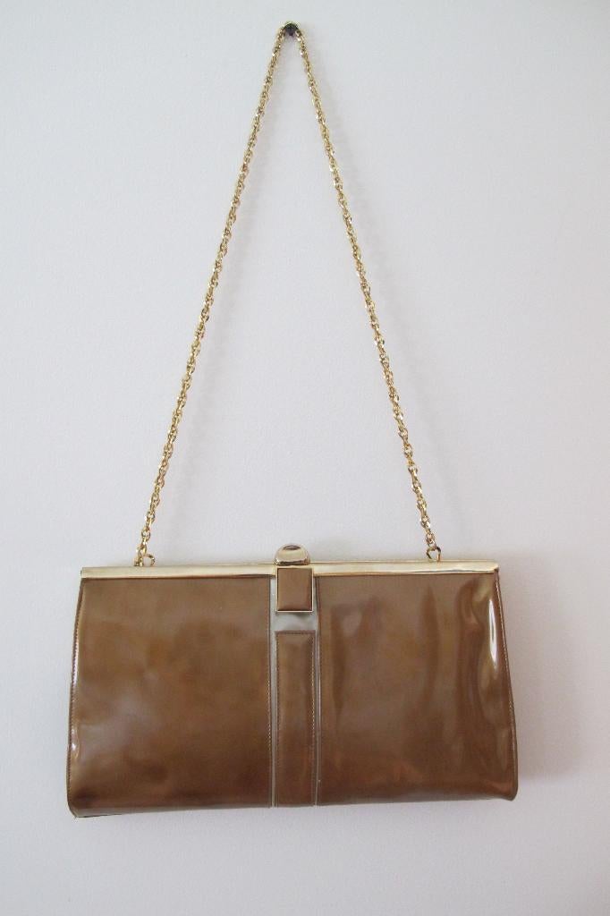 Vintage caramel handbag with chain strap (Renata), Ophalen of Verzenden, Gebruikt, Bruin, Avondtasje