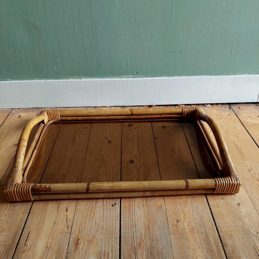 Lucky Vintage groot Vintage bamboe dienblad met rookglas, Ophalen, Gebruikt, ., .