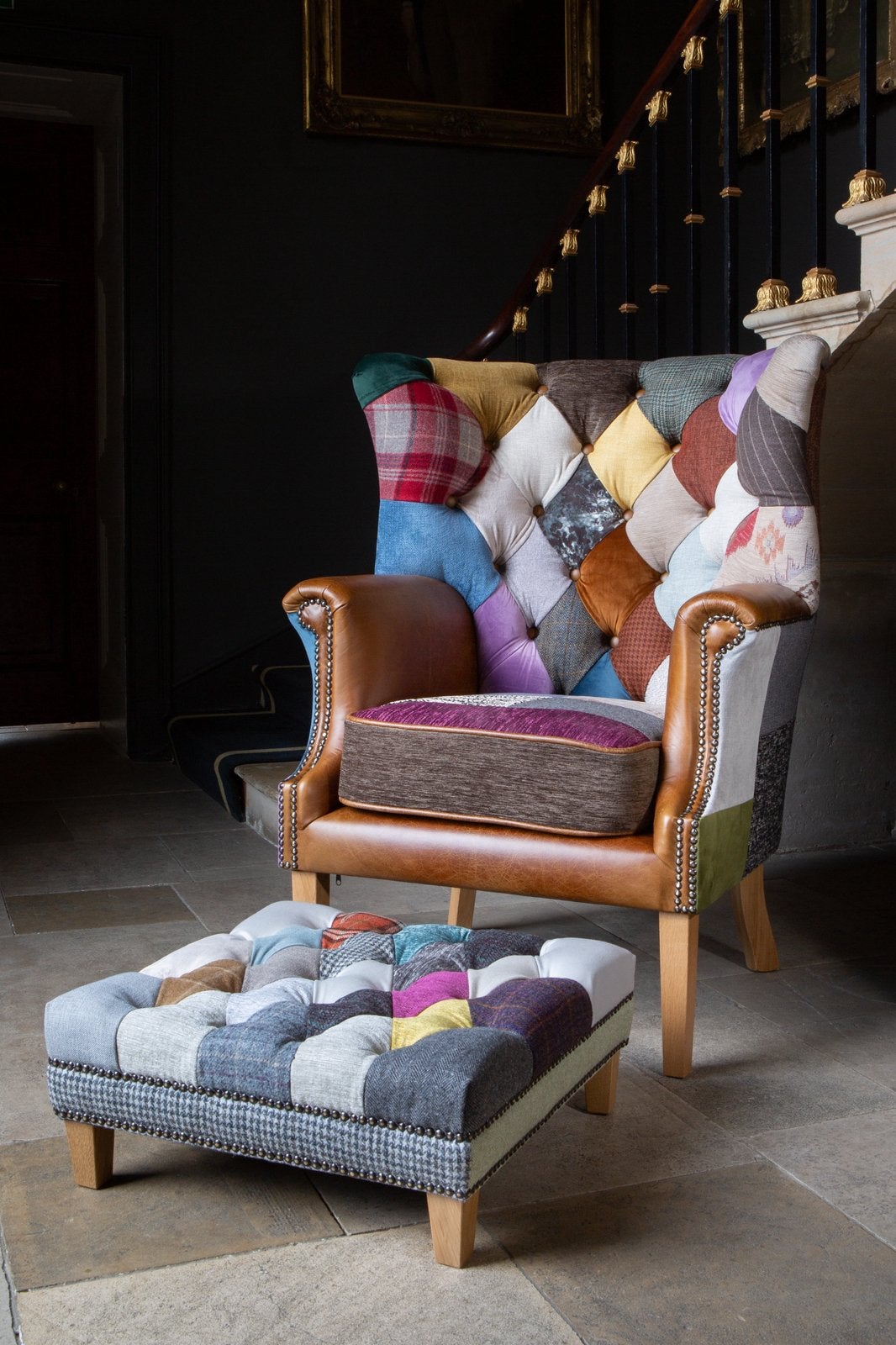 OXFORD MULTICOLOR PATCHWORK CHESTERFIELD OORFAUTEUIL STOF, Ophalen of Verzenden, Nieuw, 75 tot 100 cm, Stof