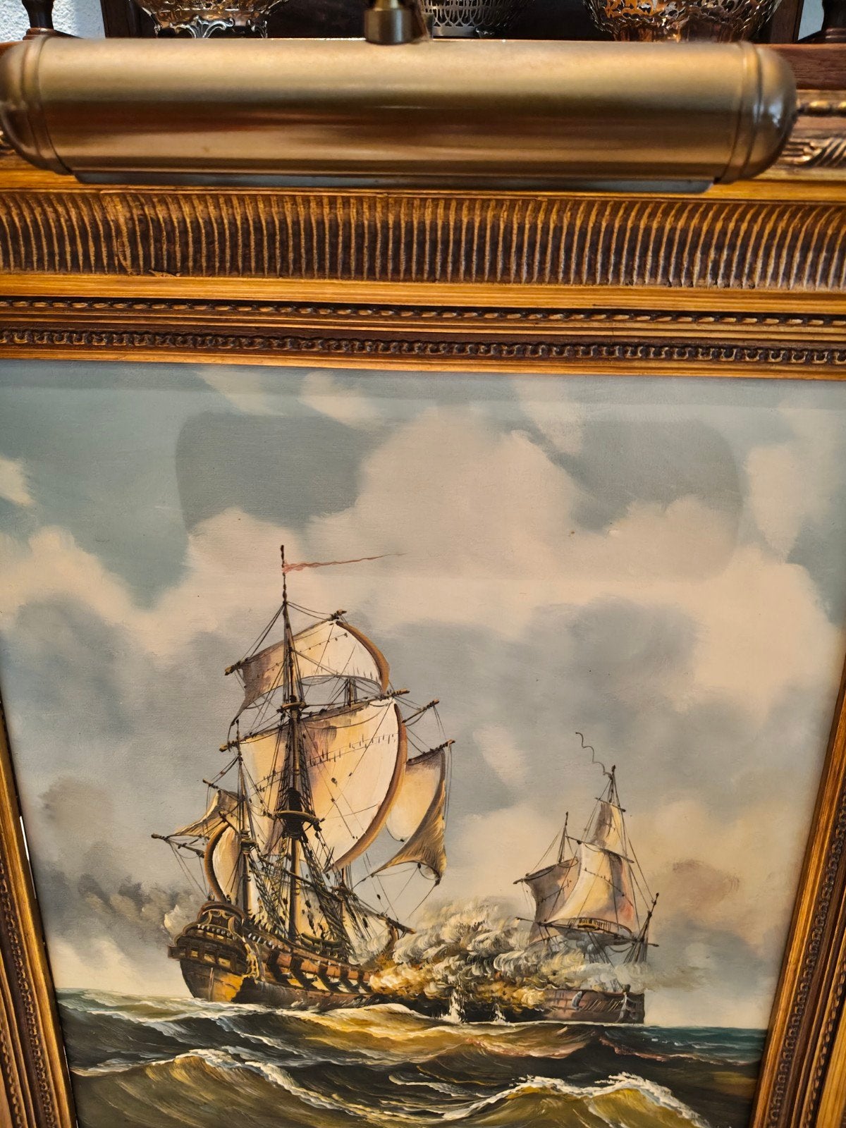 schilderij met schepen met piano lampje, Antiek en Kunst, Ophalen