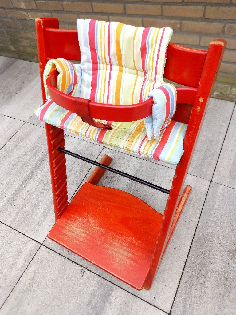 Stokke Tripp Trapp stoel, met houten beugel en kussens, Ophalen, Gebruikt, Meegroeistoel, Stoelverkleiner