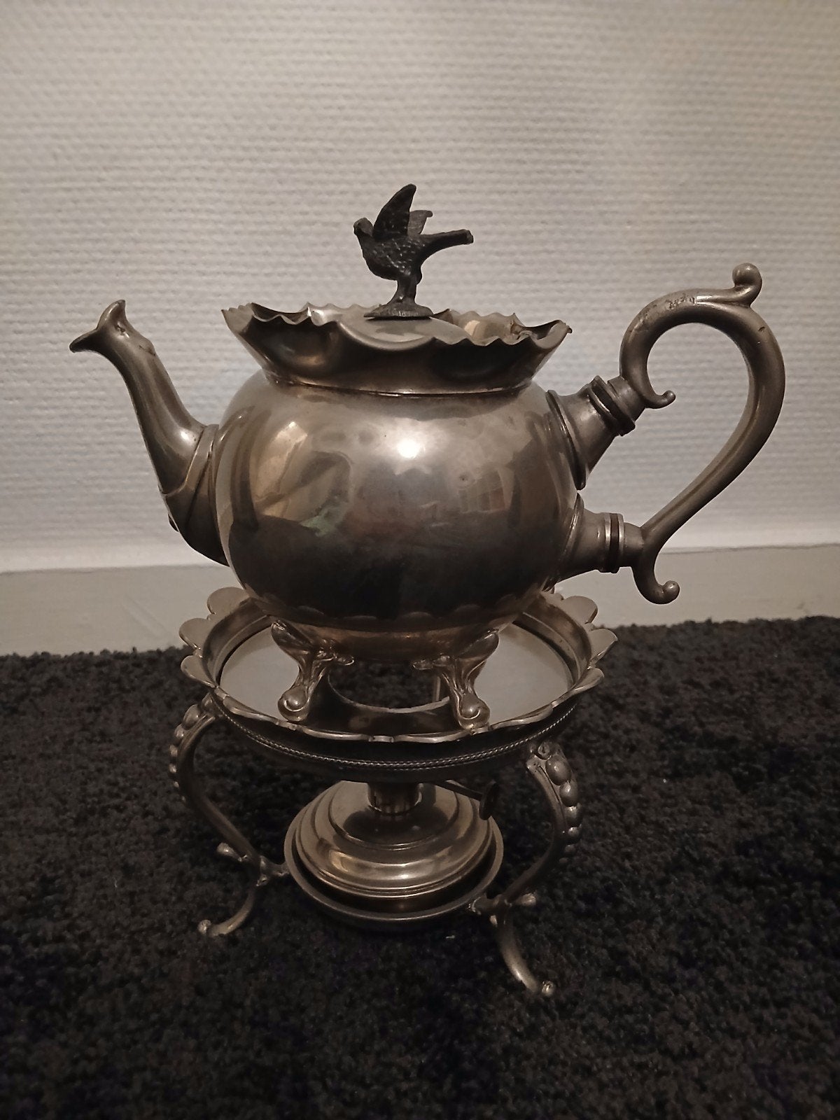 Antieke verzilverde theepot met rechaud en vogel, Ophalen of Verzenden