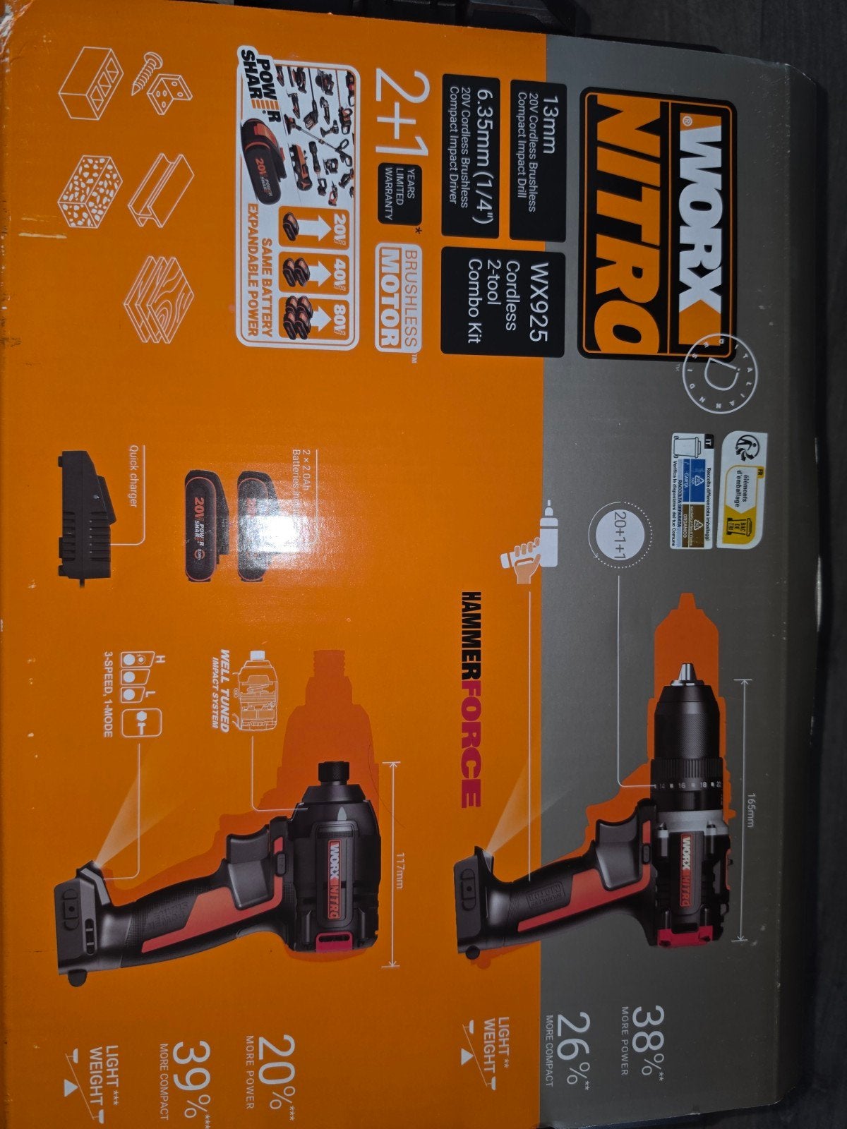 Worx Nitro WX925 2-in-1 Accu Boor- en Schroefmachine Set, Nieuw, Ophalen of Verzenden, Minder dan 400 watt, Klopboormechanisme