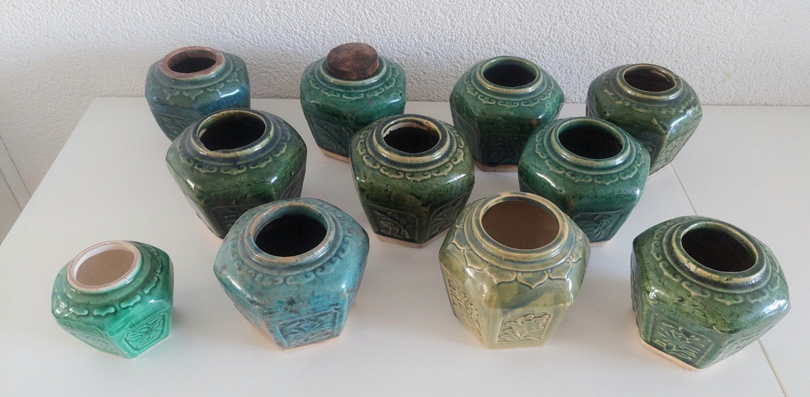 Set van 11 Oude Gemberpotjes - Groen Keramiek, Ophalen of Verzenden