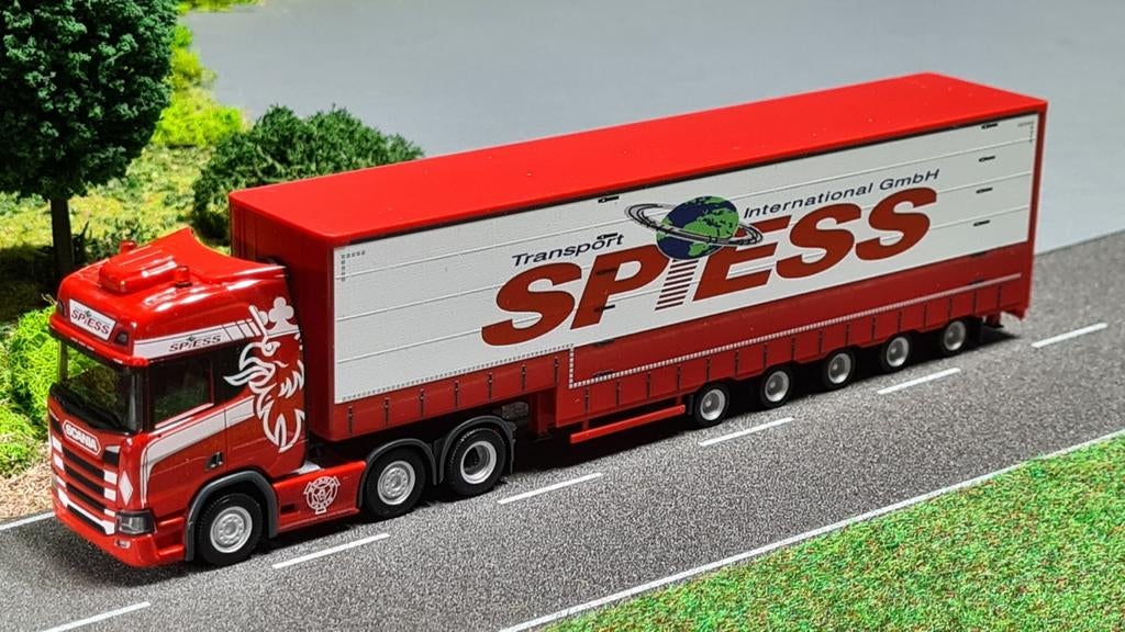 040 Herpa Spiess Scania Next Gen R Meusburger trailer, Hobby en Vrije tijd, Modelauto's | 1:87, Ophalen of Verzenden, Nieuw, Bus of Vrachtwagen