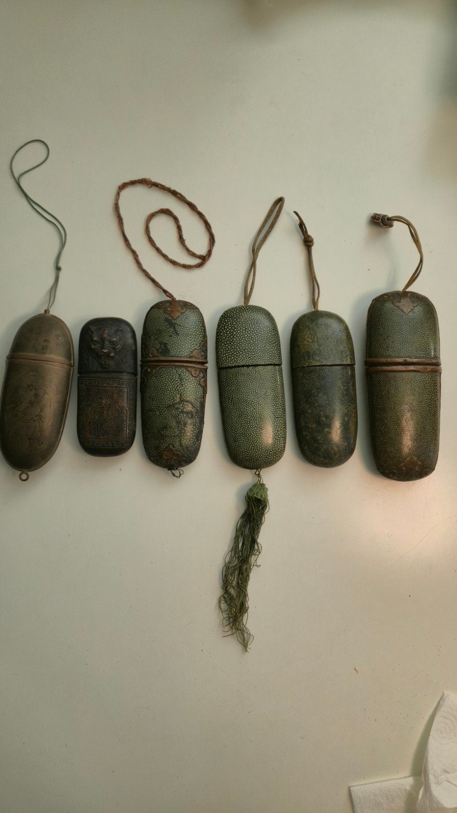 6 Antieke brillenkokers van koper en hout en leer, Antiek en Kunst, Ophalen of Verzenden