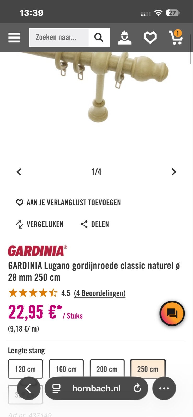 Gordijnroede classic naturel 2.50 meter - Nieuw in verpakkin, Ophalen, Nieuw, Bruin, 200 cm of meer