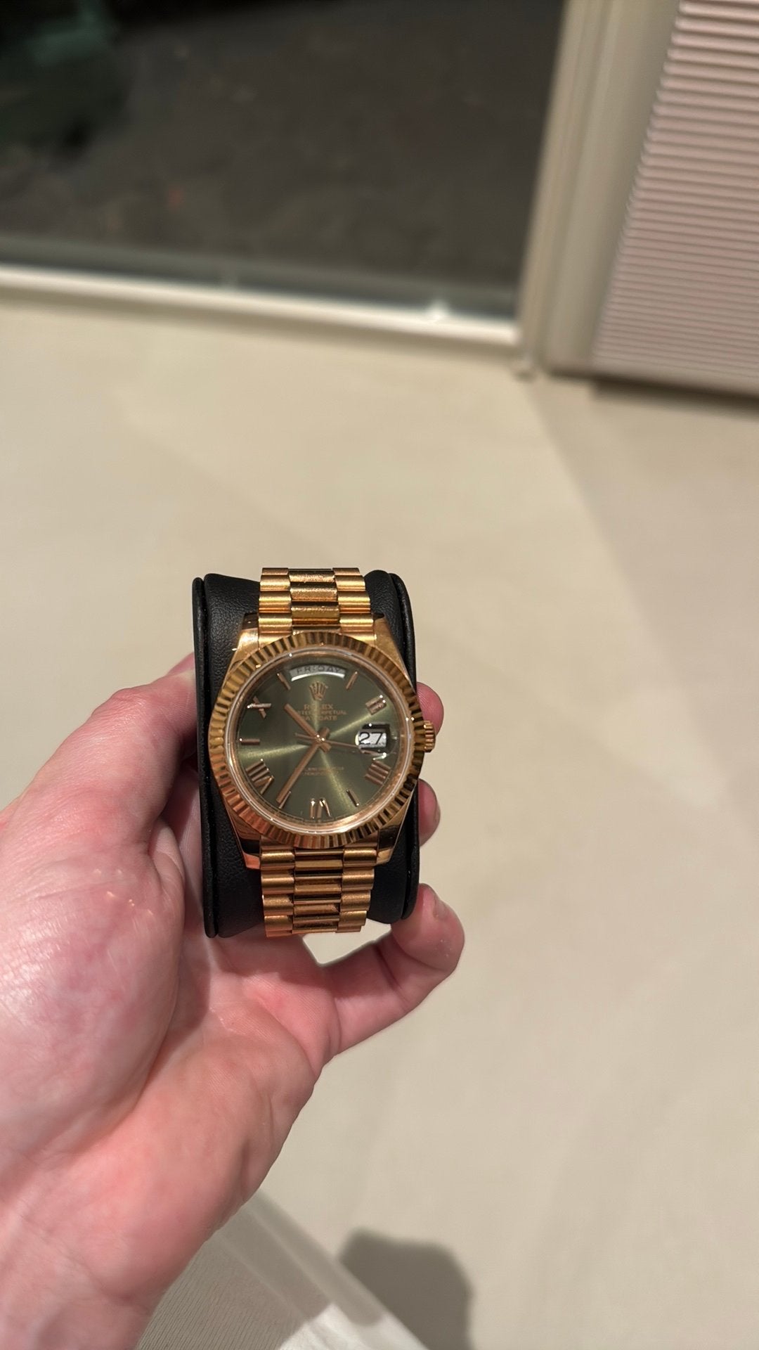 Rolex day-date 40MM 1:1 rose goud met groene plaat., Sieraden, Tassen en Uiterlijk, Horloges | Dames, Ophalen of Verzenden, Zo goed als nieuw