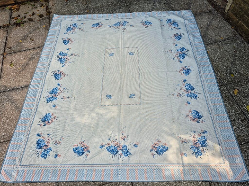 Vintage Tafelkleed met Blauwe Bloemen en Ruitpatroon, Gebruikt, Blauw, Ophalen of Verzenden, Katoen