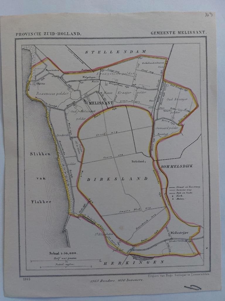 103 / Melissant Sommelsdijk  Dirksland Litho uit 1865 Kuyper, Antiek en Kunst, Ophalen of Verzenden