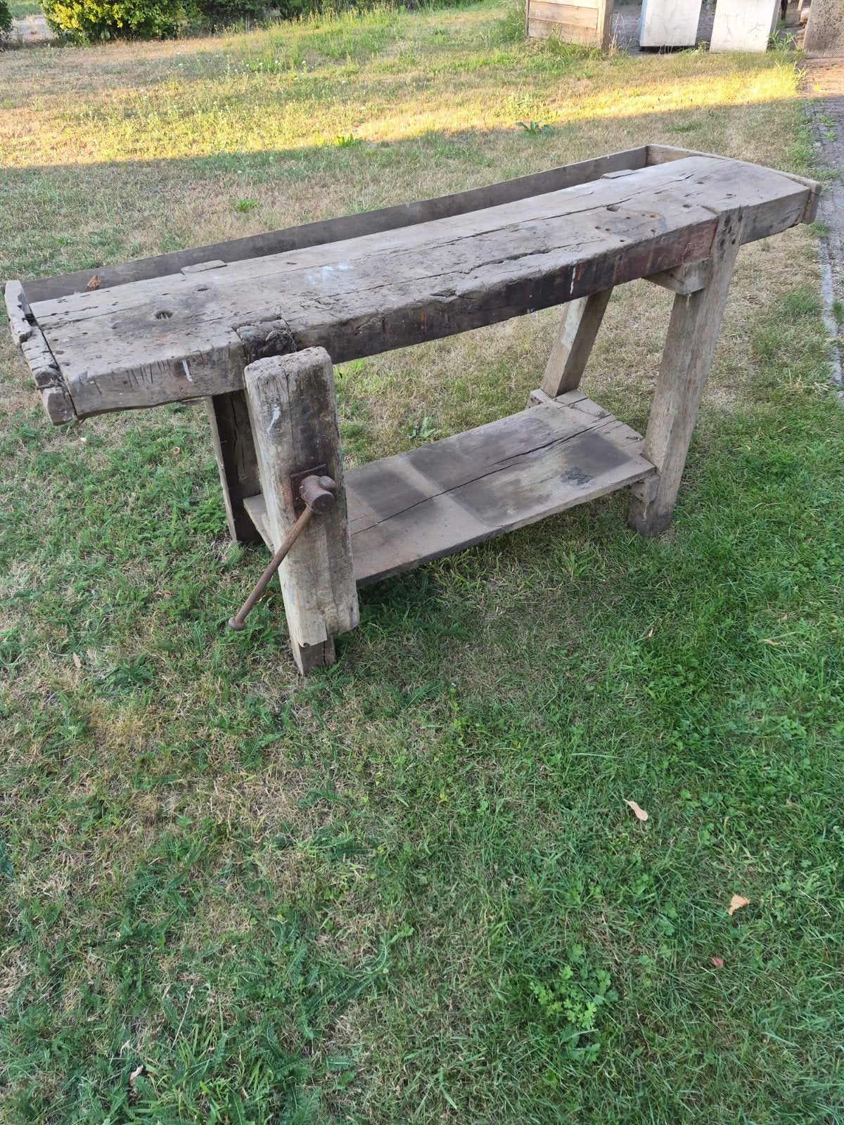 Oude houten werkbank met houten bankschroef, Doe-het-zelf en Verbouw, Werkbanken, Ophalen, Gebruikt, Bankschroef