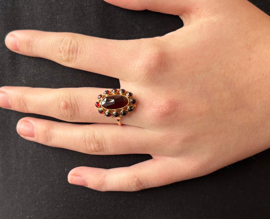 Granaat entourage 14k gouden fraaie dames ring vintage luxe, Sieraden, Tassen en Uiterlijk, Antieke sieraden, Verzenden, Goud
