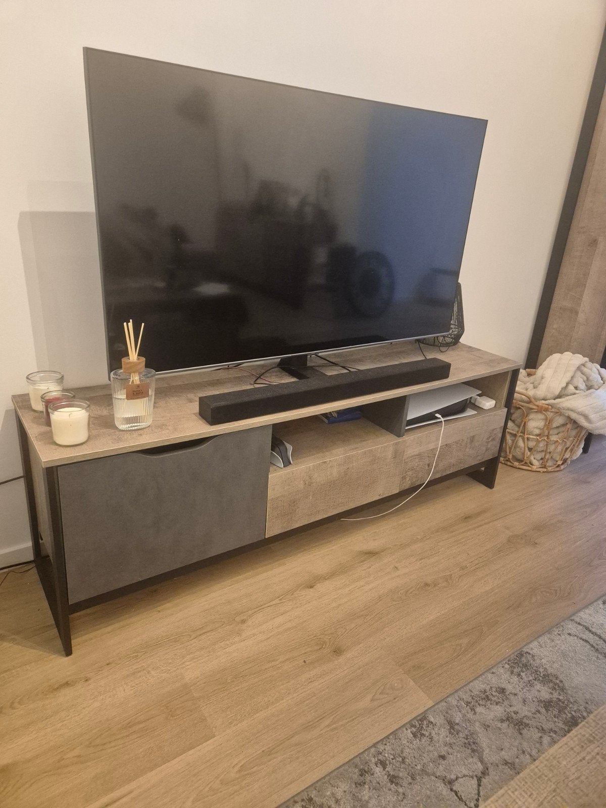 TV meubel en salontafel Meubella grijs/eiken, Gebruikt, 100 tot 150 cm, Ophalen of Verzenden, Minder dan 100 cm