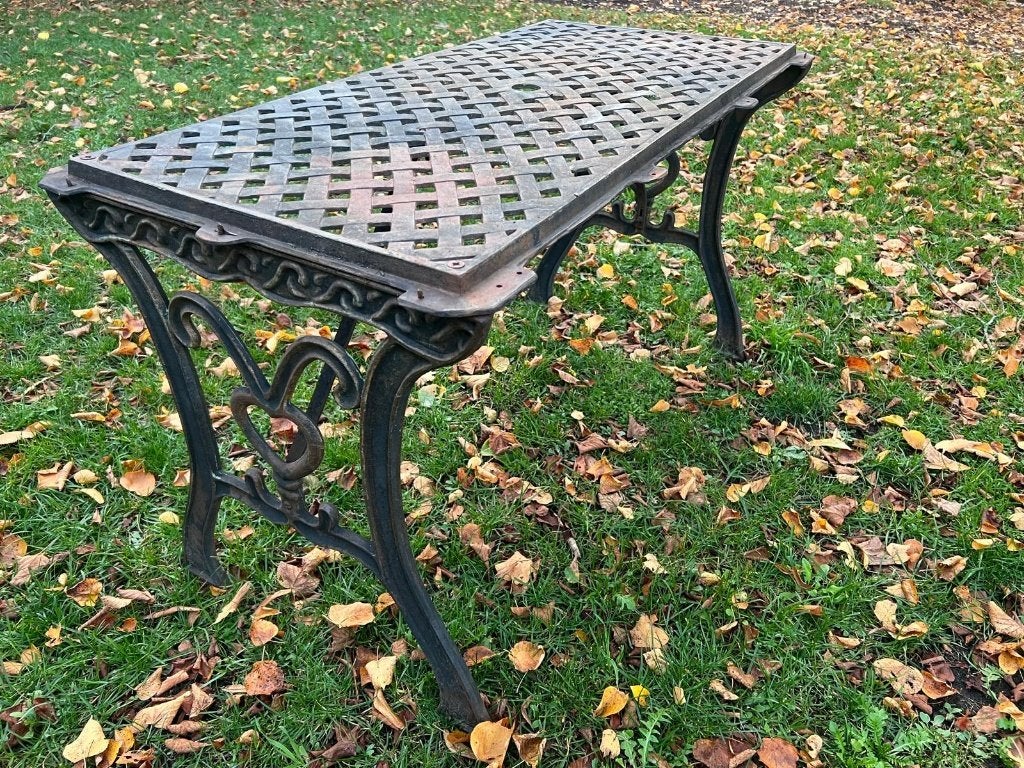 gietijzeren tuintafel – decoratief rasterblad – brocante, Ophalen, Gebruikt, Rechthoekig, Metaal