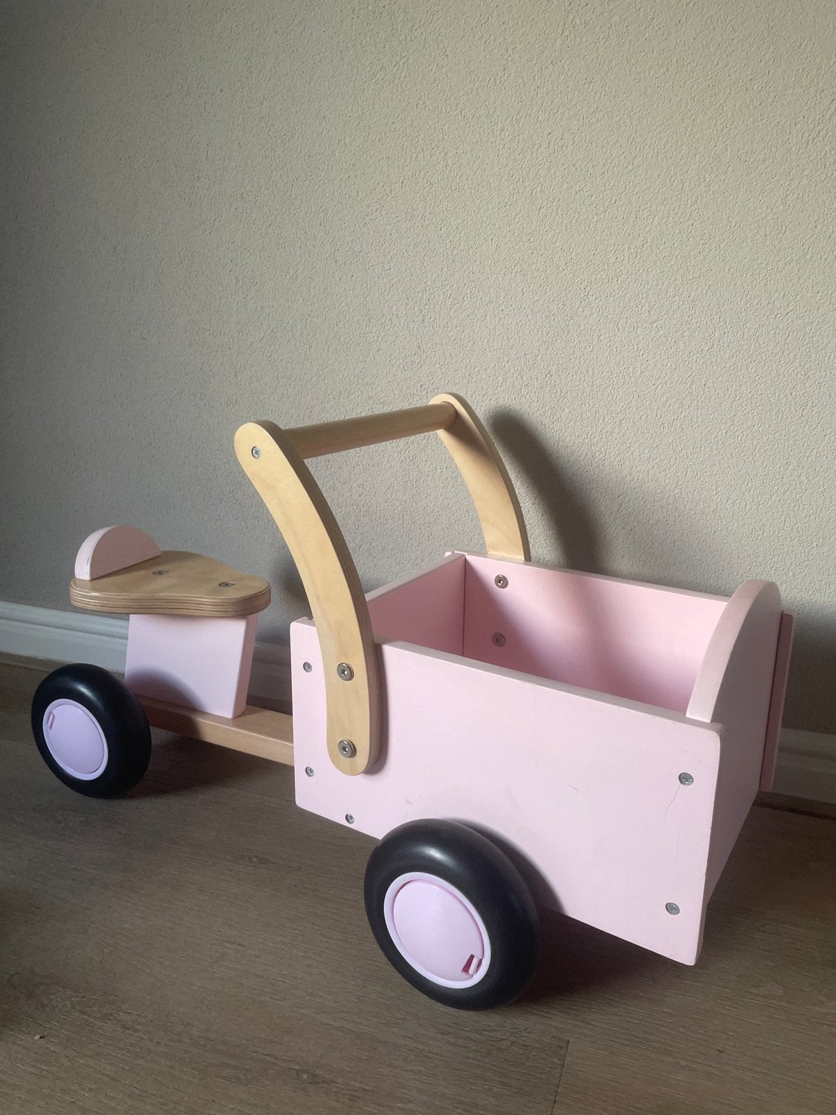 Roze houten kinderbakfietsje loopfiets, Ophalen of Verzenden, Gebruikt, 1 kind, Overige merken