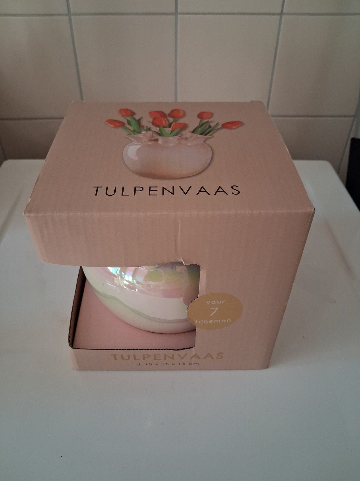 Tulpenvaas parelmoer (Nijmegen-oost), Ophalen of Verzenden, Zo goed als nieuw, Overige kleuren, 15 cm