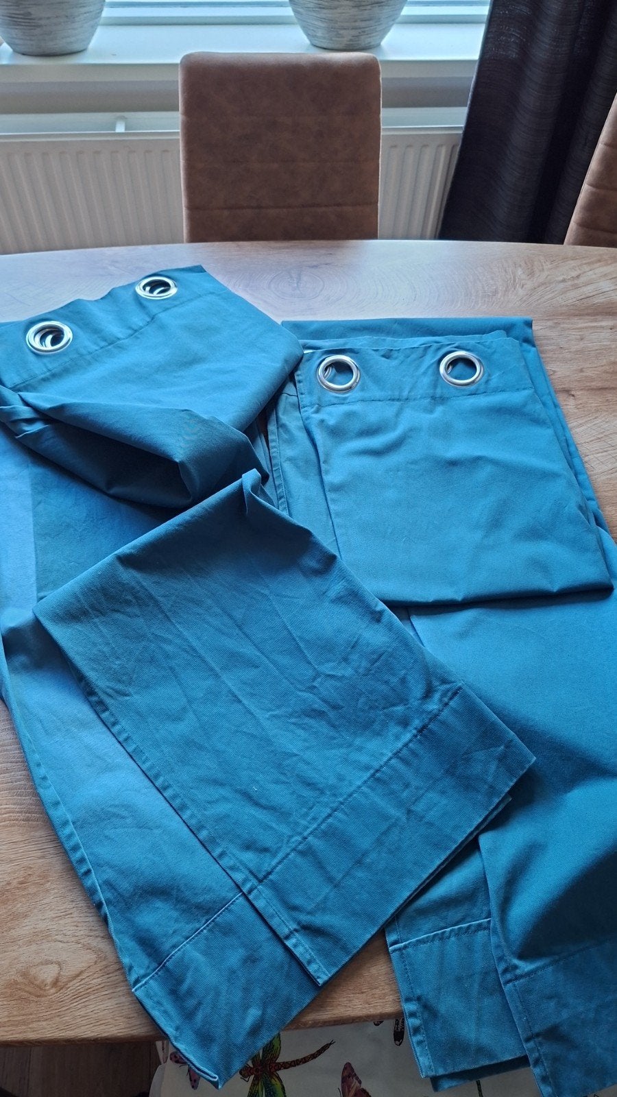 2 Petrol Blauwe gordijnen met ringen, Met ringen, Gebruikt, Blauw, Ophalen of Verzenden