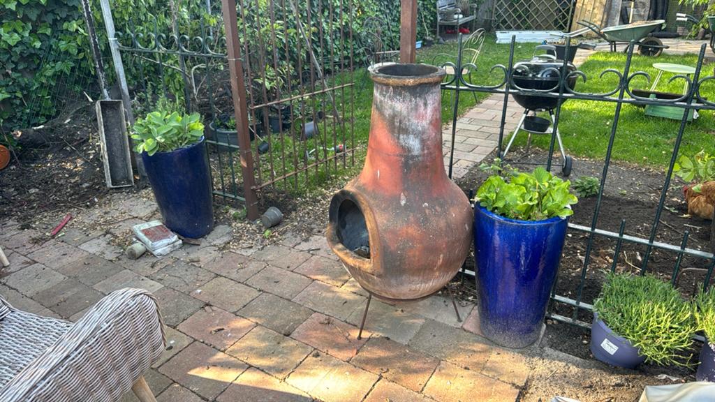 2 grote hoge geglazuurde blauwe terra cotta potten, Tuin en Terras, Bloempotten, 40 cm of meer, Rond, Ophalen of Verzenden, Zo goed als nieuw